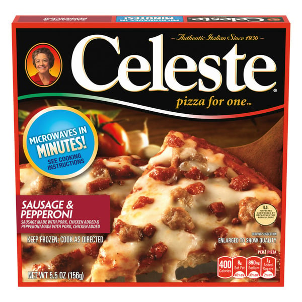 Frozen Pizza Celeste Sausage and Pepperoni Pizza for One, Individual Microwavable Frozen Pizza hero