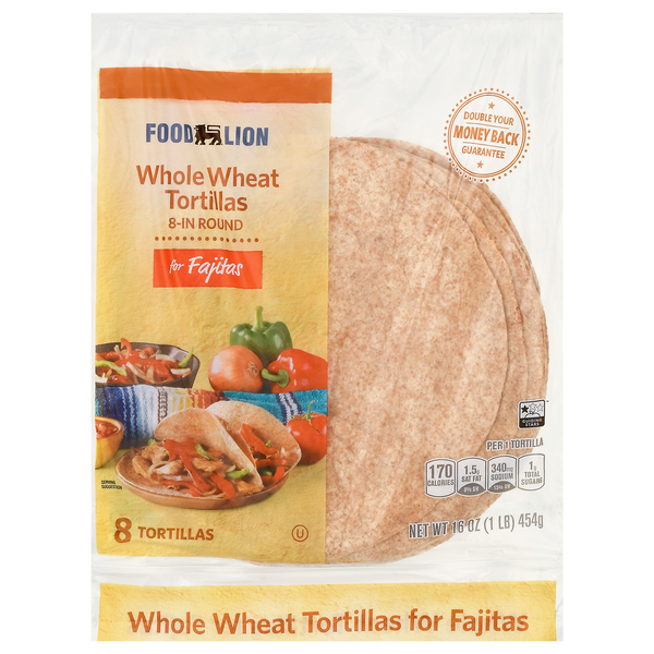 Mexican/Hispanic/Latino Foods Food Lion Tortillas, Whole Wheat, Fajitas, 8-Inch Round hero