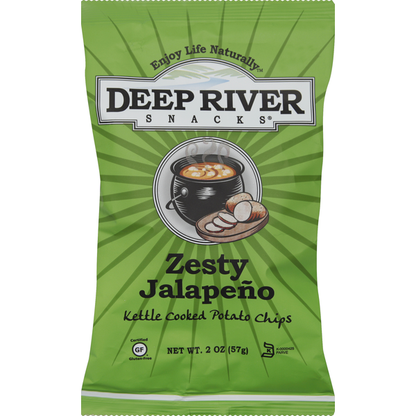 Chips & Pretzels Deep River Snacks Potato Chips, Kettle Cooked, Zesty Jalapeno hero