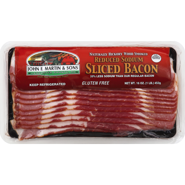 Hot Dogs, Bacon & Sausage John F. Martin and Sons, Inc. Bacon, Reduced Sodium, Hickory Wood Smoked, Sliced hero