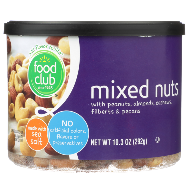 Nuts, Seeds & Dried Fruit Food Club Mixed Nuts With Peanuts, Almonds, Cashews, Filberts & Pecans hero