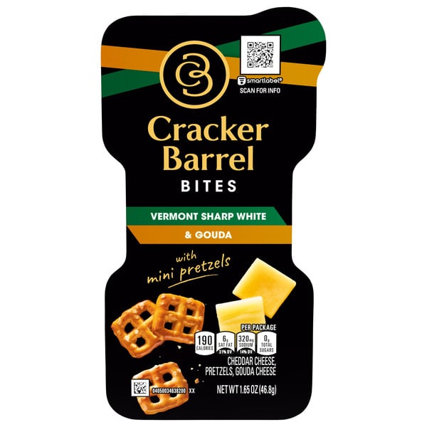 Packaged Cheese Cracker Barrel Bites Vermont Sharp White, Gouda, and Mini Pretzels oz. Tray hero