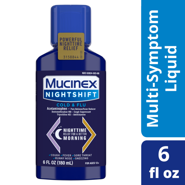 Cold, Flu & Allergy Mucinex Nightshift Cold & Flu Liquid, Relieves Fever, Sneezing, Sore Throat, Runny Nose, and Controls Cough hero