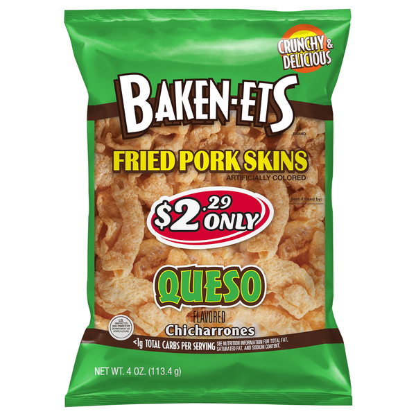 Chips & Pretzels Baken-Ets Fried Pork Skins, Queso, Chicharrones hero