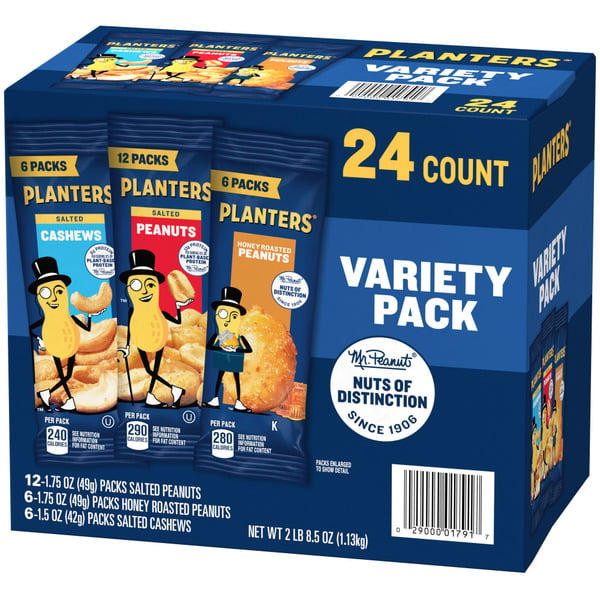 Nuts, Seeds & Dried Fruit Planters Variety Pack Salted Cashews, Salted Peanuts, Honey Roasted Peanuts hero