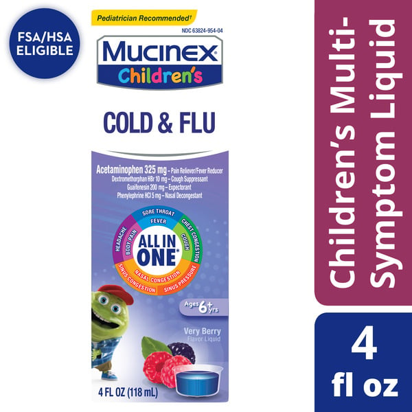 Cold, Flu & Allergy Mucinex Children's Cold, Cough, & Sore Throat  Liquid, Mixed Berry (Packaging May Vary) hero