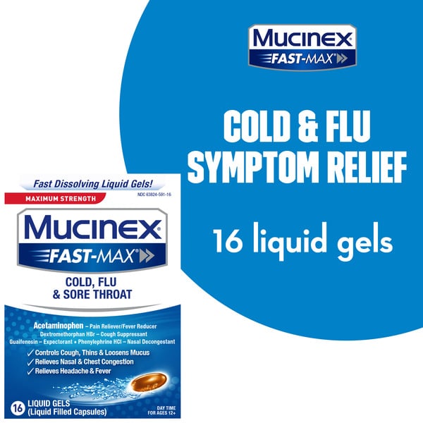 Cold, Flu & Allergy Mucinex Strength Fast-Max Cold, Flu, & Sore Throat Liquid Gels hero