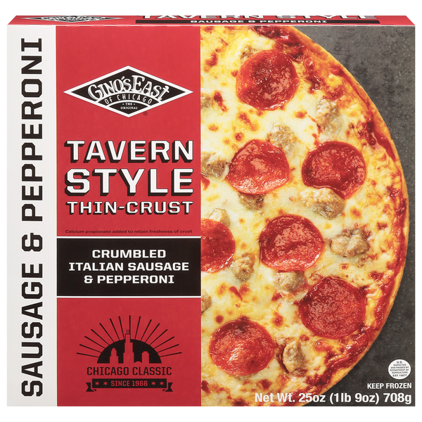 Frozen Pizza Gino's East Pizza, Thin Crust, Tavern Style, Sausage & Pepperoni hero