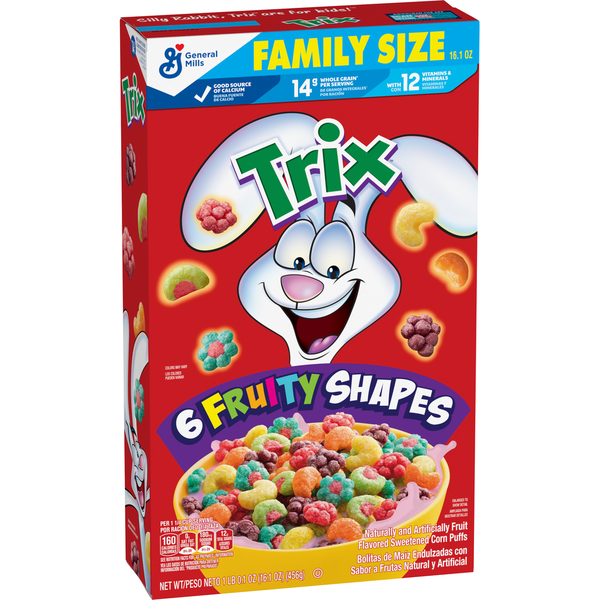 Trix Fruity Breakfast Cereal, 6 Fruity Shapes, Whole Grain, Family Size Box hero