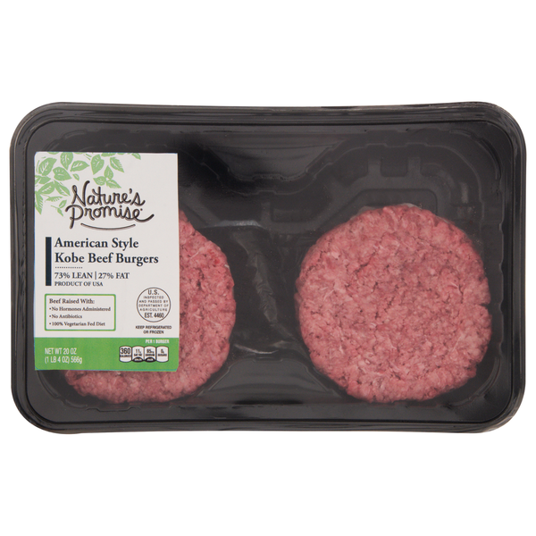 Packaged Meat Nature's Promise Kobe Beef Burgers, American Style, 73%/27% hero