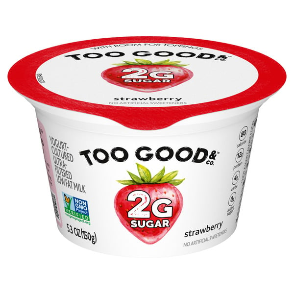 Yogurt Too Good & Co. Strawberry Flavored Low Fat Greek Yogurt Cultured Product Cup hero