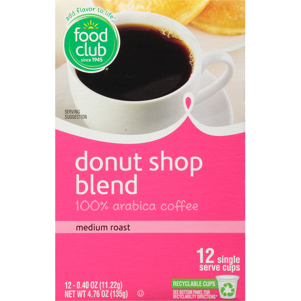 Coffee Food Club Coffee, Medium Roast, Donut Shop Blend, Single Serve Cups hero