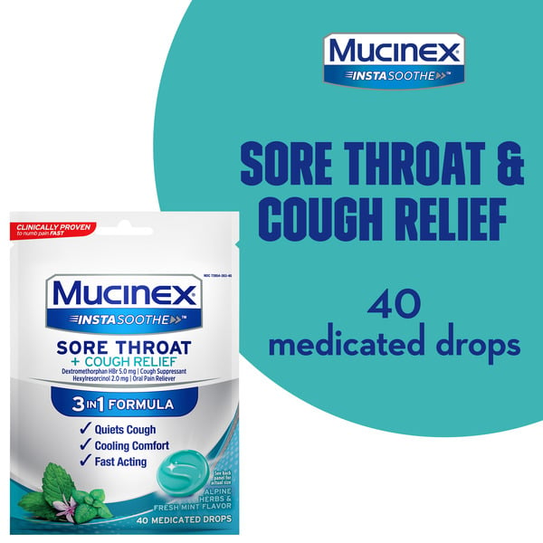 Cold, Flu & Allergy Mucinex Sore Throat + Cough Relief, Alpine Herbs & Mint Flavor, Medicated Drops hero