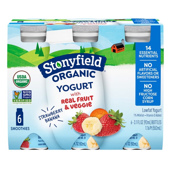 Yogurt/Kefir Stonyfield Organic Lowfat Yogurt Smoothies Strawberry Banana Oz. hero