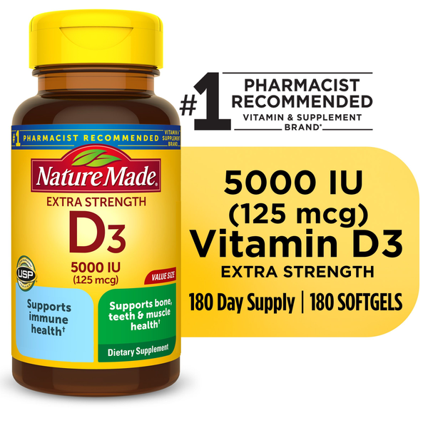 Vitamins & Supplements Nature Made Extra Strength Vitamin D3 5000 IU (125 mcg) Softgels hero