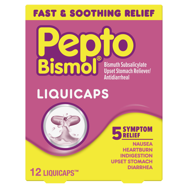 Muscles, Joints & Pain Relief Pepto-Bismol LiquiCaps, Fast Relief for Upset Stomach hero