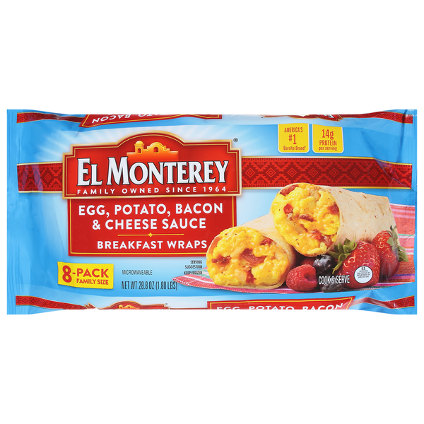 Breakfast Bars & Pastries El Monterey Egg, Potato, Bacon & Cheese Sauce Breakfast Wraps hero