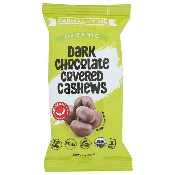 Nuts, Seeds & Dried Fruit Karmalize.me Vegan Organic Dark Chocolate Covered Cashews (1 Oz) hero