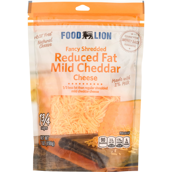 Packaged Cheese Food Lion Natural Fancy Shredded Reduced Fat Mild Cheddar Cheese hero