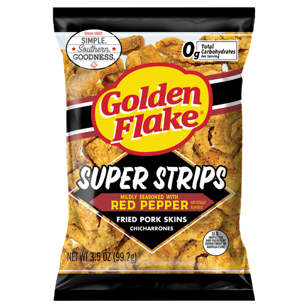 Golden Flake Chicharrones, Super Strips, Red Pepper hero