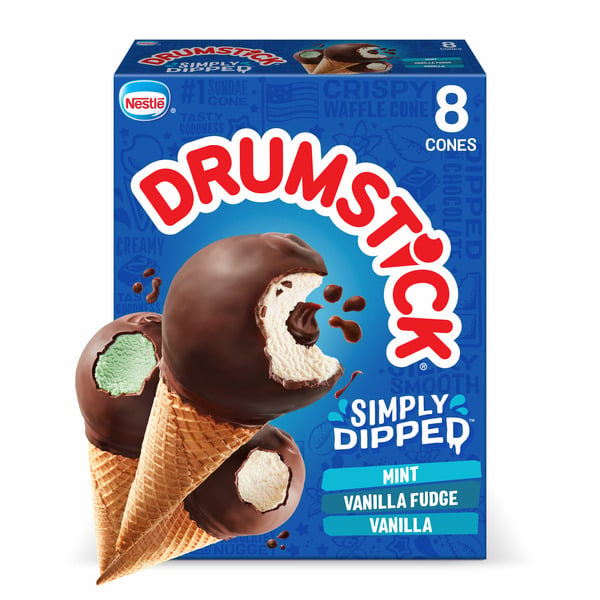 Ice Cream & Toppings Drumstick Simply Dipped Vanilla/Vanilla Fudge/Mint Frozen Dairy Dessert Cones hero