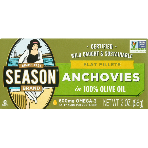 Canned Meat & Seafood Season Brand Flat Fillets of Anchovies In Pure Olive Oil hero