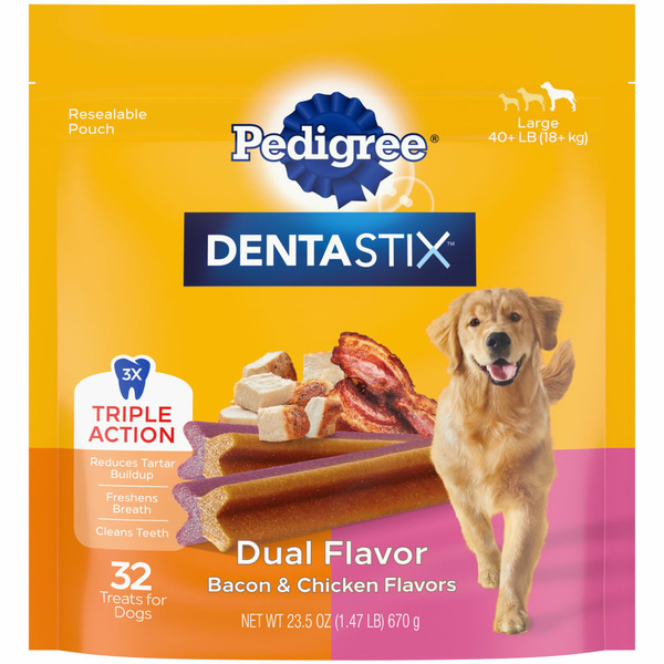 Dog Food Pedigree Dentastix Dual Flavor Bacon & Chicken Large Dog Dental Chew Dog Treats hero