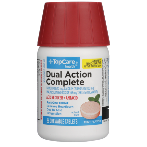 Digestion TopCare Dual Action Complete Famotidine 10 Mg, Calcium Carbonate 800 Mg, Magnesium Hydroxide 165 Mg Acid Reducer + Antacid Chewable Tablets, Mint hero