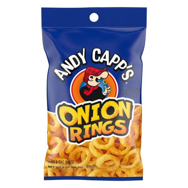 Chips & Pretzels Andy Capp's Beer Battered Onion Rings Baked Oat and Corn Snacks hero