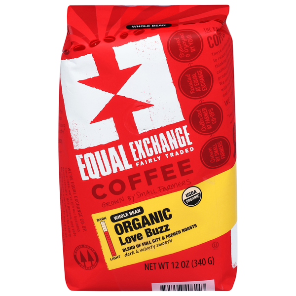 Coffee Equal Exchange Coffee, Organic, Full City & French Roasts, Whole Bean, Love Buzz hero