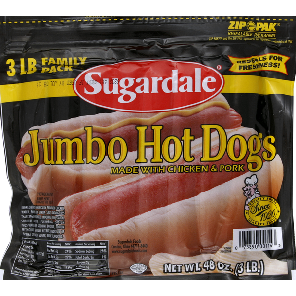 Hot Dogs, Bacon & Sausage Sugardale Hot Dogs, Jumbo, 3 lb Family Pack hero