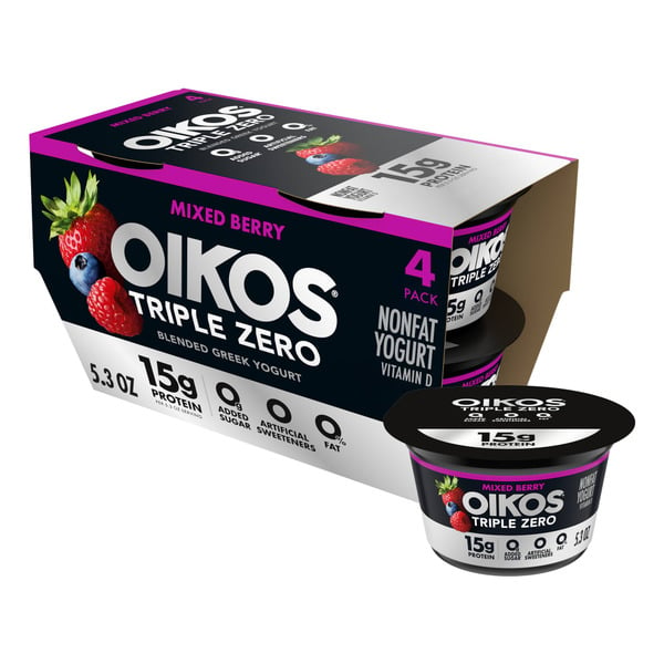 Yogurt Oikos Triple Zero Mixed Berry Nonfat Greek Yogurt Pack, 0% Fat, 0g Added Sugar and 0 Artificial Sweeteners, Just Delicious High Protein Yogurt, 4 Ct, 5.3 OZ Cups hero