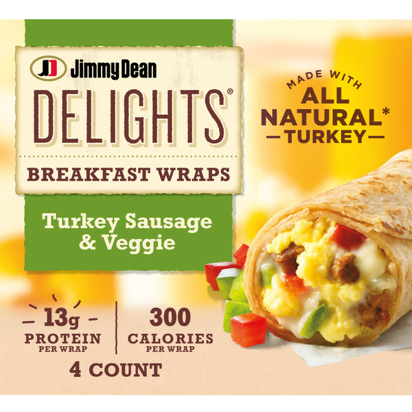 Hot Dogs, Bacon & Sausage Jimmy Dean Delights Breakfast Wrap, Turkey Sausage & Veggies, Frozen hero