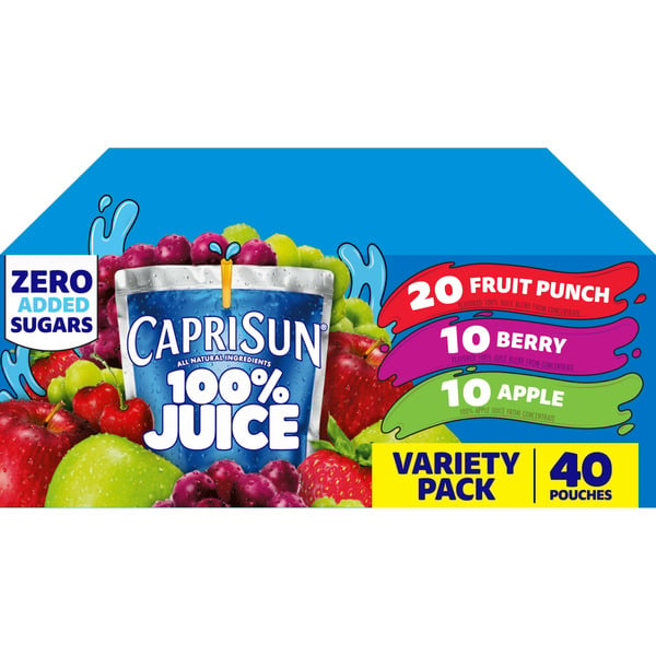 Juice & Nectars Capri Sun 100% Juice Fruit Punch, Berry & Apple Kids Drink Pouches Variety Pack hero