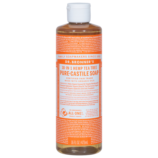 Body Care | Lotion, Sunscreen Dr. Bronner's Soap, Pure-Castile, 18-in-1, Hemp, Tea Tree hero