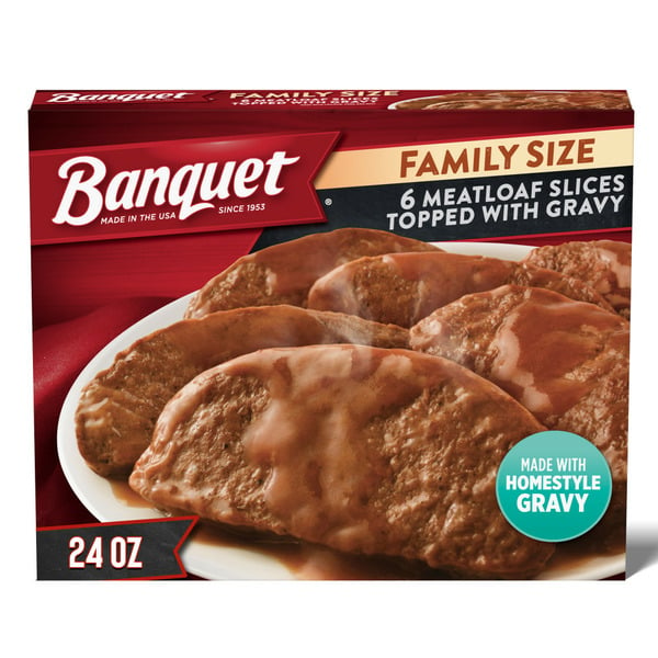 Frozen Meals Banquet Family Size Meatloaf Slices Topped with Gravy, Frozen Meal hero