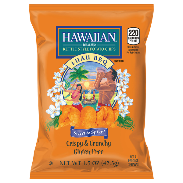 Chips & Pretzels Hawaiian Kettle Style Potato Chips Potato Chips, Kettle Style, Luau BBQ Flavored, Sweet & Spicy hero