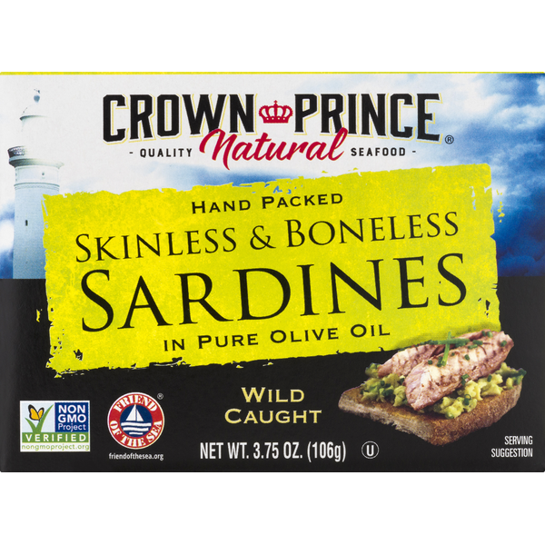 Canned Meat & Seafood Crown Prince Sardines in Pure Olive Oil, Skinless & Boneless hero