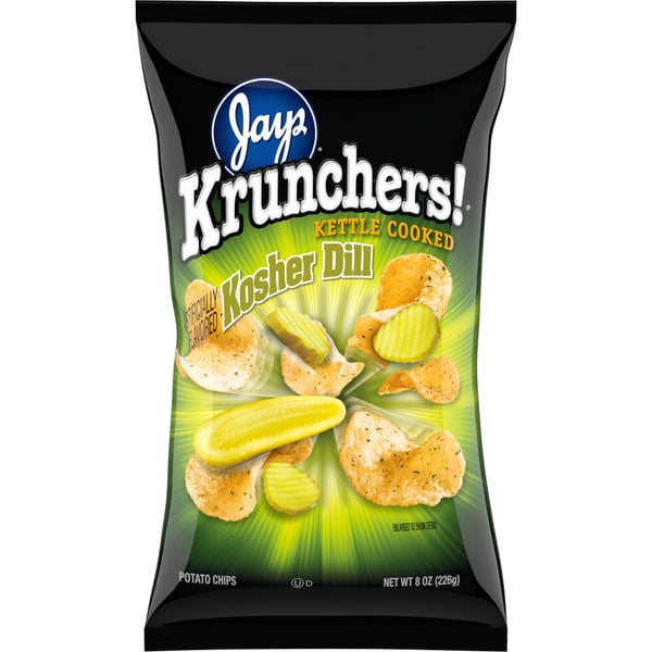 Chips & Pretzels Krunchers! Kosher Dill Flavored Kettle Cooked Potato Chips hero