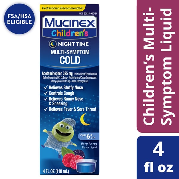 Cold, Flu & Allergy Mucinex Children's Multi-Symptom Nighttime Cold Liquid, Very Berry (Packaging May Vary) hero