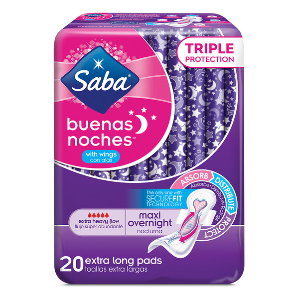 More Household Saba Pads Buenas Noches, with Wings, Extra Long, Extra Heavy Flow hero