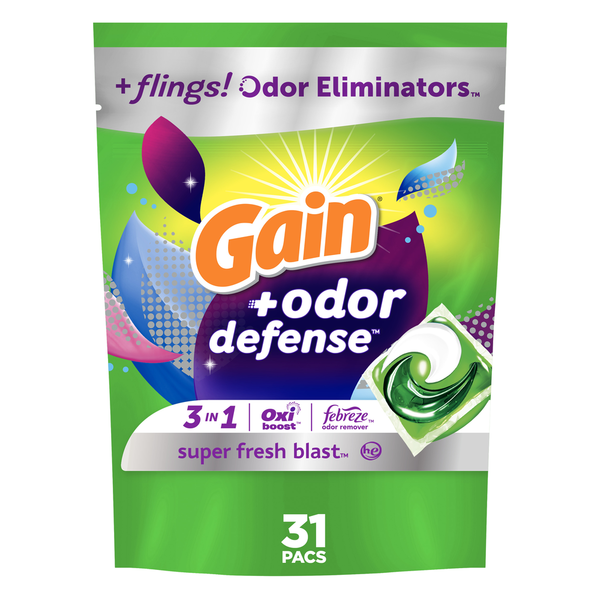 Gain Flings Odor Defense Laundry Detergent Pacs, Super Fresh hero