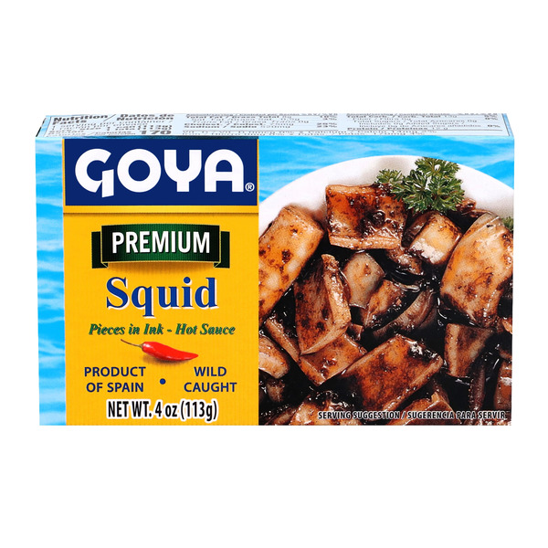 Canned Meat, Seafood & Beans Goya Premium Squid Pieces, in Ink & Hot Sauce hero