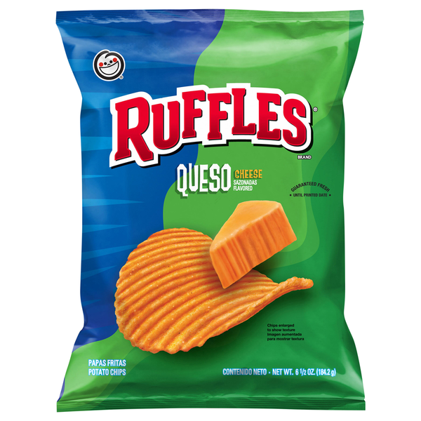 Chips & Pretzels Ruffles Potato Chips, Queso Cheese hero