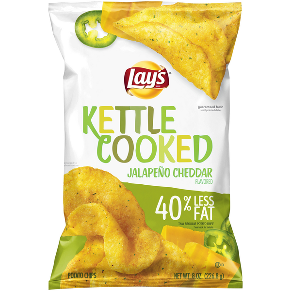 Chips & Pretzels Lay's Kettle Cooked 40% Less Fat Jalapeño Cheddar Potato Chips hero