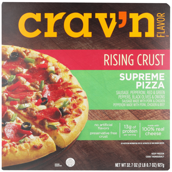 Frozen Pizza Crav'n Flavor Supreme Sausage, Pepperoni, Red & Green Peppers, Black Olives & Onions Rising Crust Pizza hero