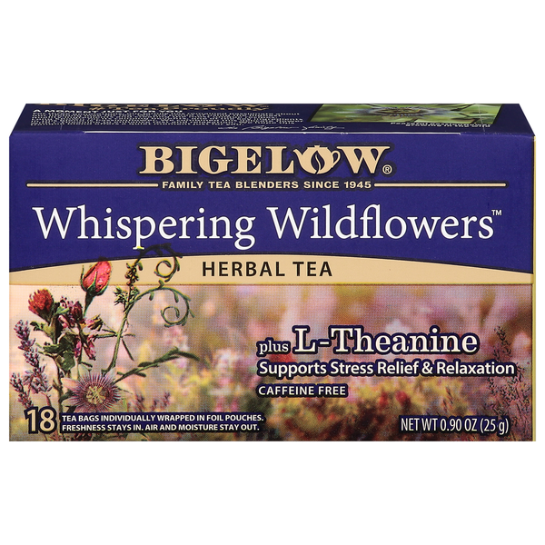 Tea Bigelow Herbal Tea, Plus Theanine, Caffeine Free, Whispering Wildflowers, Tea Bags hero