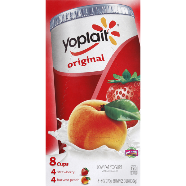 Yogurt Yoplait Yogurt, Low Fat, Strawberry, Harvest Peach hero