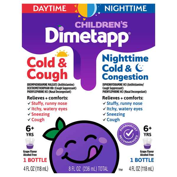 Cold, Flu & Allergy Dimetapp Cold & Cough, Nighttime Cold & Congestion Medicine, Grape Flavor, Alcohol-Free hero