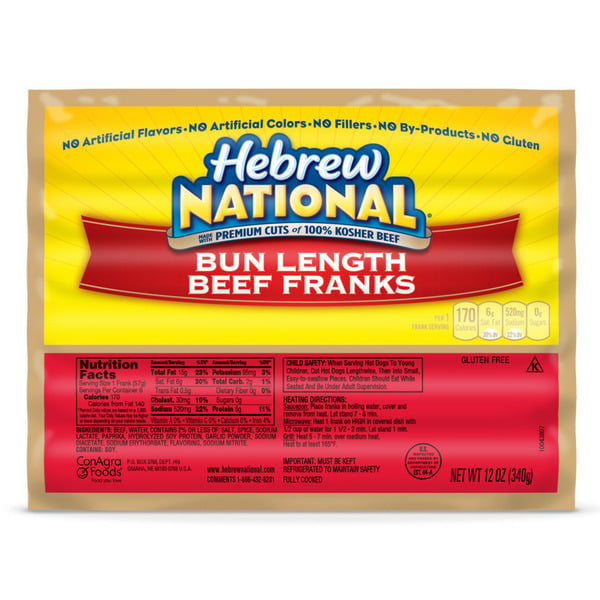 Hot Dogs, Bacon & Sausage Hebrew National Kosher Bun Length Beef Franks Hot Dogs hero